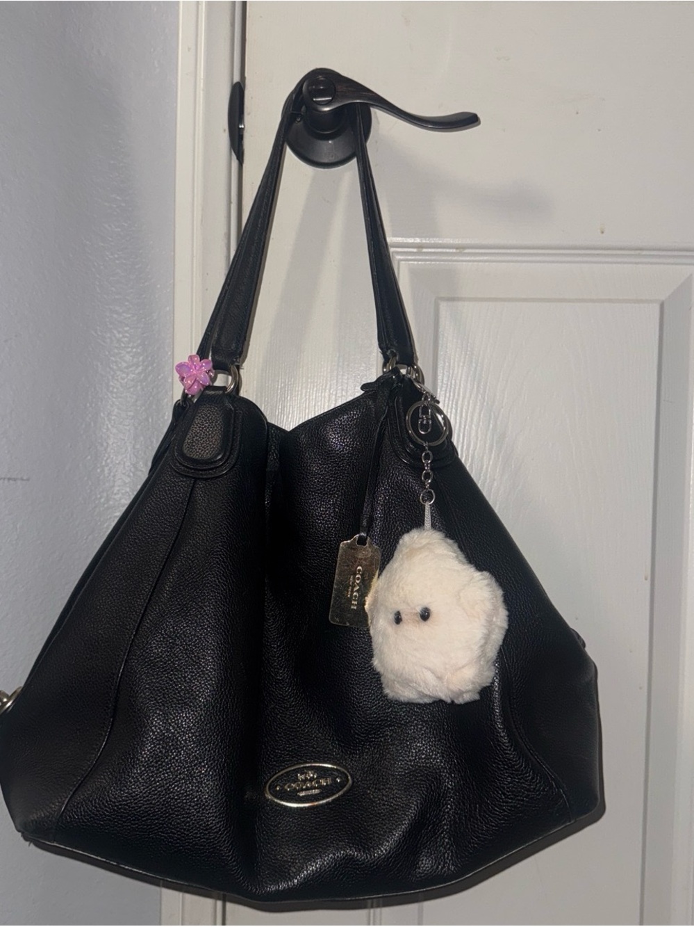 Coach Black Pebbled Leather Shoulder Bag with White Plush Charm
